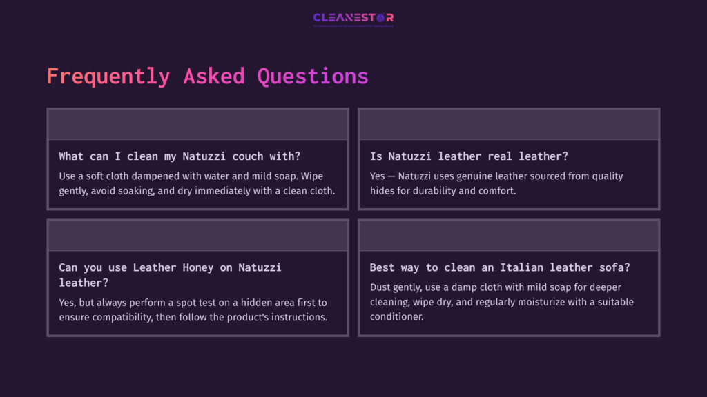 Text On A Dark Purple Background Detailing Faqs About Cleaning Natuzzi Leather, With White And Light-Colored Text For Clarity.