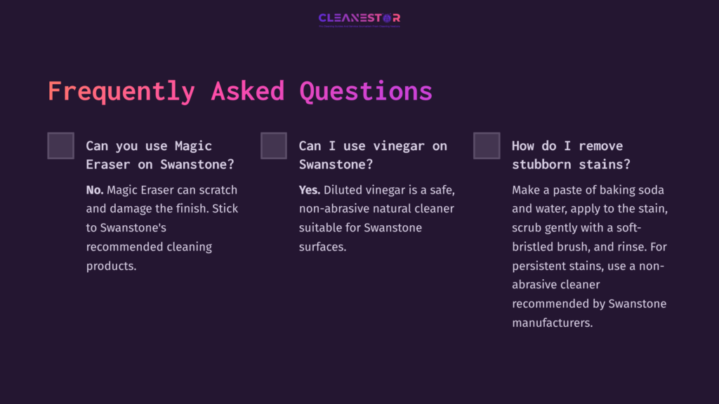 10 Frequently Asked Questions 20 Faqs On Cleaning Swanstone Surfaces, Featuring Questions About Using Magic Eraser And Vinegar, With A Dark Purple Background.
