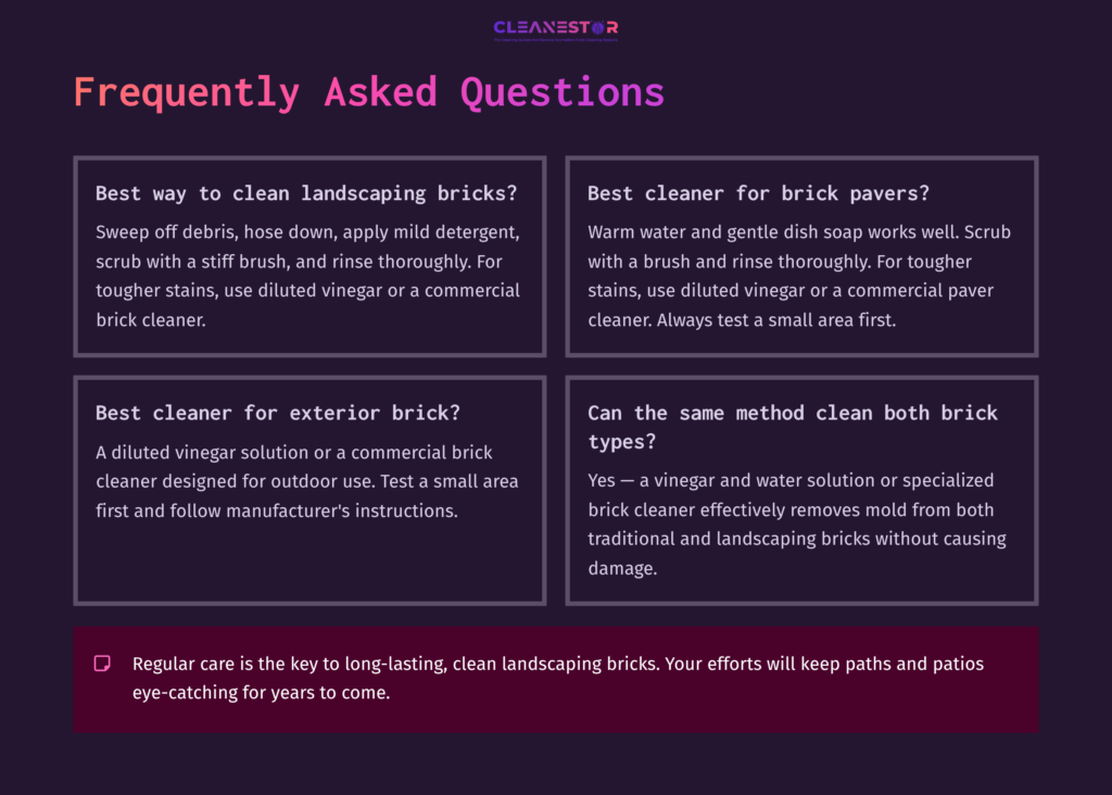 Faq Section With Dark Background, Featuring Text About Cleaning Landscaping Bricks, Pavers, And Brick Types, With Highlighted Headings.
