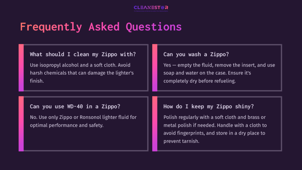 Four Identical Dark Purple Boxes With White Text, Detailing Faqs About Cleaning And Maintaining A Zippo Lighter.