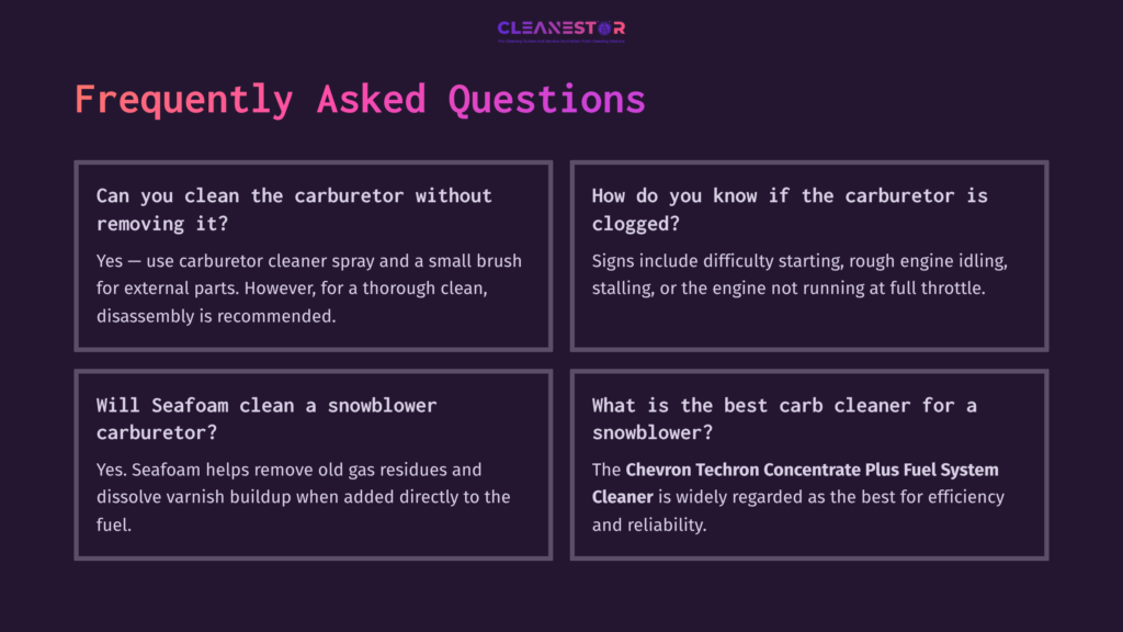 10 Frequently Asked Questions 23 Four Questions And Answers In A Q&Amp;A Format, Set Against A Dark Purple Background, Addressing Carburetor Cleaning And Maintenance For Snowblowers.