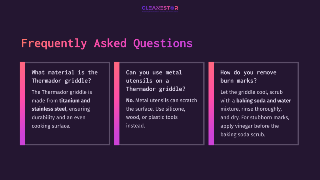 Three Faq Boxes In A Dark Background. Questions In Pink And White Text With Highlighted Sections, Addressing Thermador Griddle Care And Maintenance.