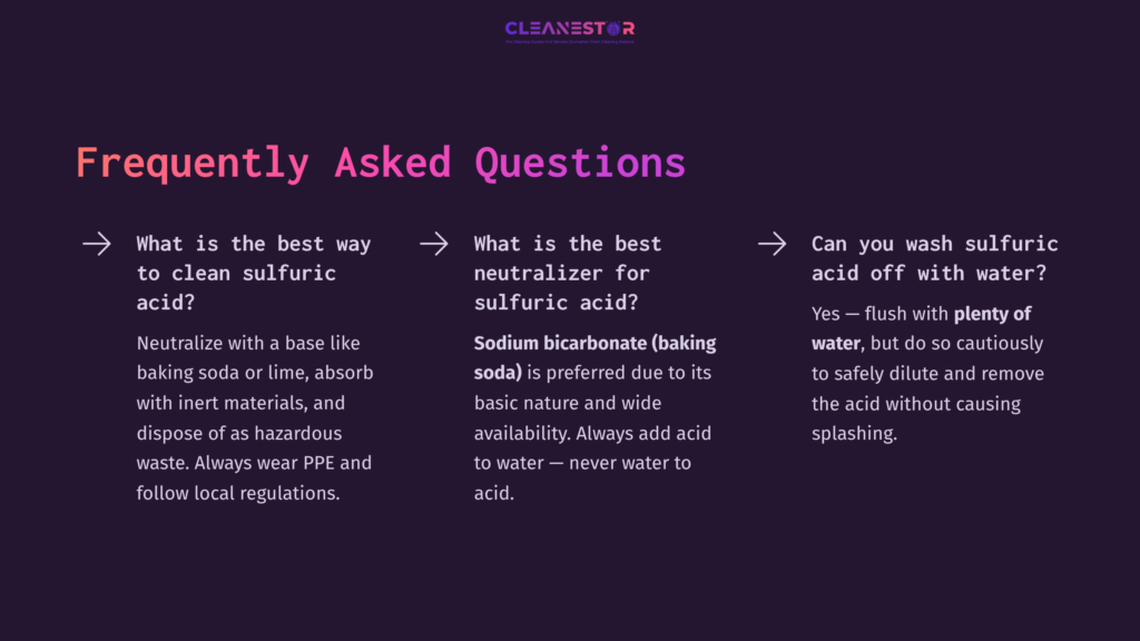 10 Frequently Asked Questions 25 Dark Purple Background With White Text In A Q&Amp;A Format About Cleaning Sulfuric Acid, Featuring Bold Headings And Arrows For Navigation.