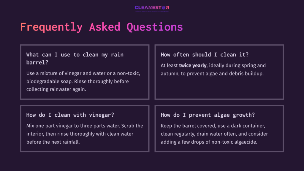Four Panels Displaying Faqs About Cleaning Rain Barrels, Featuring Text In White On A Dark Background With Purple Accents.