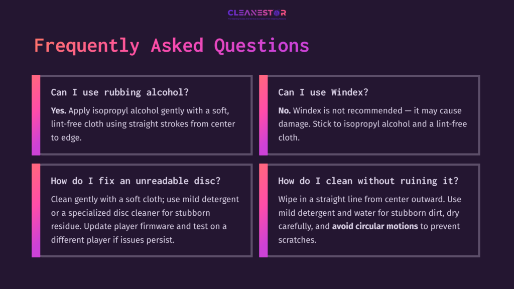 Four Text Boxes With White And Purple Backgrounds Outline Faqs About Cleaning Blu-Ray Discs, Featuring Blue Headers And Relevant Advice.