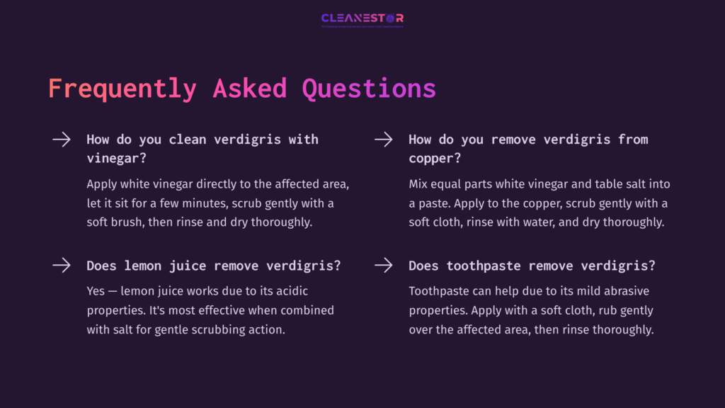 Text-Based Faq Section With Purple Background, Featuring Questions About Cleaning Verdigris, Vinegar, And Toothpaste Remedies.