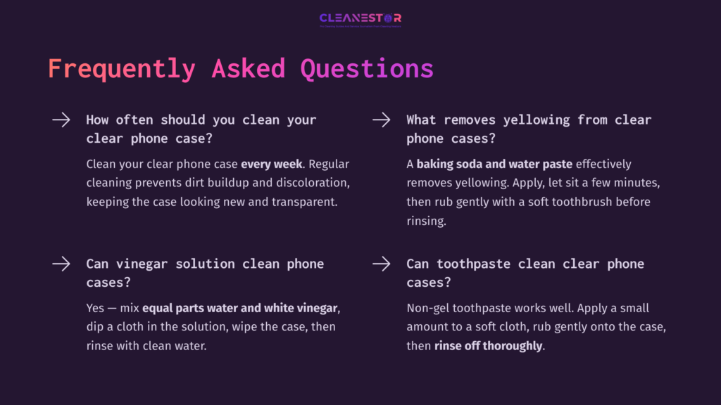 Text On A Dark Background Includes Faq Headings And Answers About Cleaning Phone Cases, With Key Points Highlighted In Purple And White.