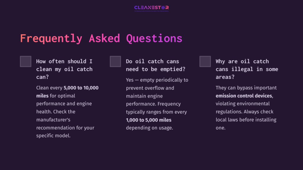 Purple Background With White Text Outlining Faqs About Oil Catch Cans, Including Recommended Mileage For Emptying And Legal Concerns.