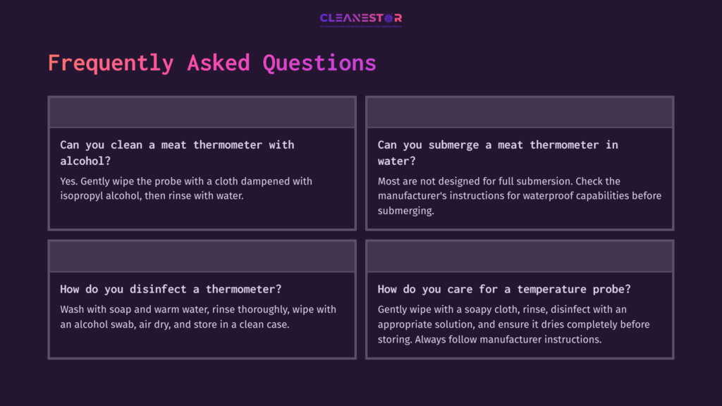 Text Layout With A Dark Background Featuring Four Faq Boxes In White And Light Purple, Addressing Meat Thermometer Cleaning And Care.