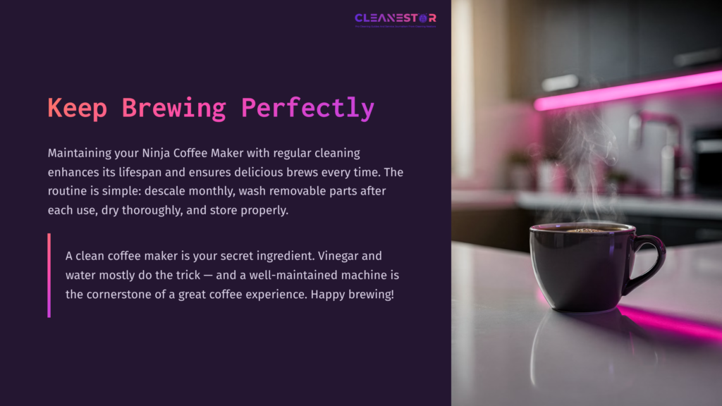 Text On A Dark Background Emphasizes Cleaning A Ninja Coffee Maker, Accompanied By A Steaming Cup Of Coffee And Vibrant Pink Lighting.