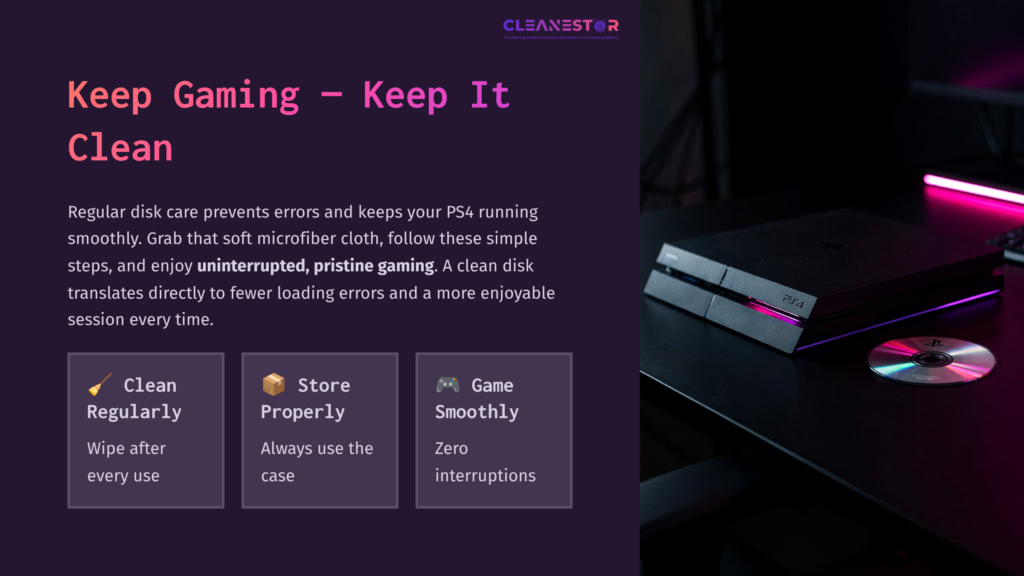 10 Keep Gaming Keep It Clean A Ps4 Console With A Sleek Design Sits On A Desk, Accompanied By Cleaning Tips In Purple Text On A Dark Background.