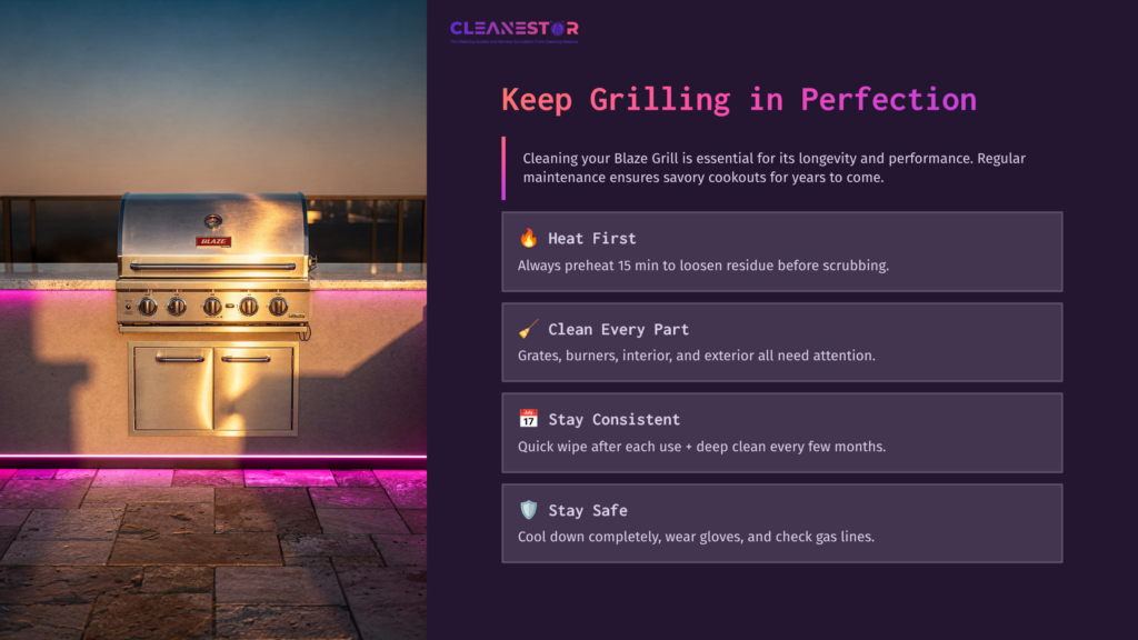 Blaze Grill On A Patio At Sunset, Highlighted With Purple Lights; Text Outlines Cleaning Tips And Maintenance Advice.