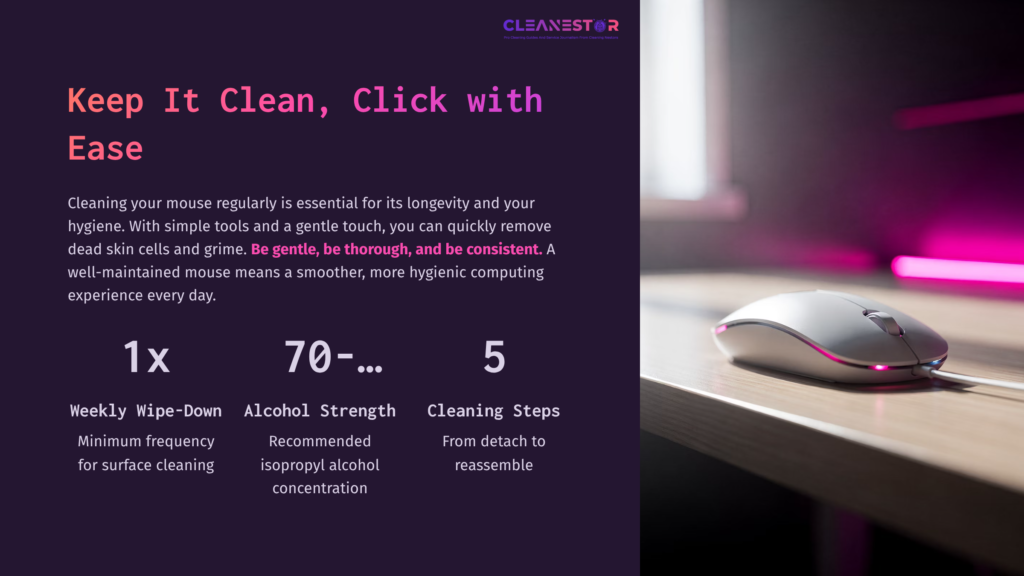 A Sleek White Computer Mouse On A Wooden Desk, Alongside Text Mentioning Cleaning Frequency, Alcohol Strength, And Steps For Maintenance.