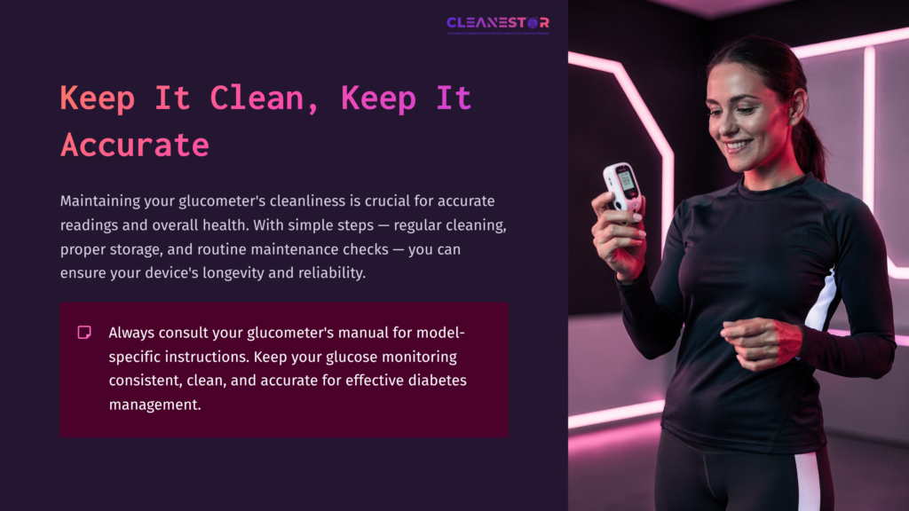 10 Keep It Clean Keep It Accurate A Woman Holding A Glucometer, Smiling, In A Dimly Lit Room With Purple And Pink Accents, Emphasizing Diabetes Management Tips.
