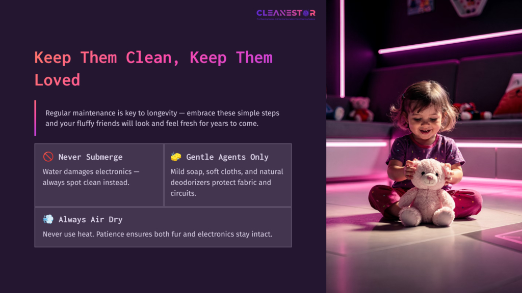 10 Keep Them Clean Keep Them Loved 1 Young Girl Sitting On A Floor, Smiling While Holding A Stuffed Toy. Background Features Soft Purple Lighting And Cleaning Tips.