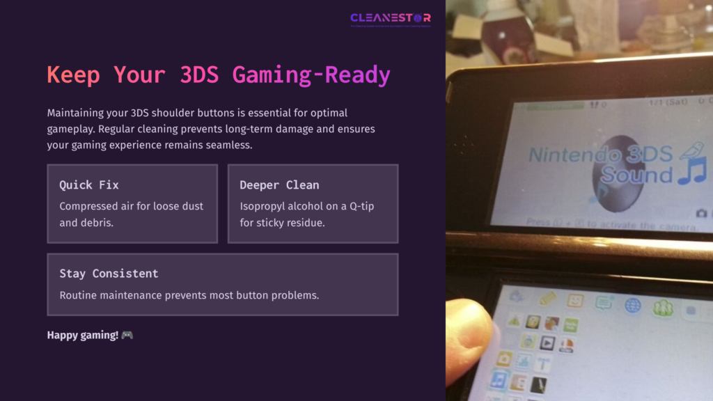 10 Keep Your 3Ds Gaming Ready Close-Up Of A Nintendo 3Ds With Buttons Highlighted, Next To Text Tips For Cleaning Shoulder Buttons. Background Is Blurred.