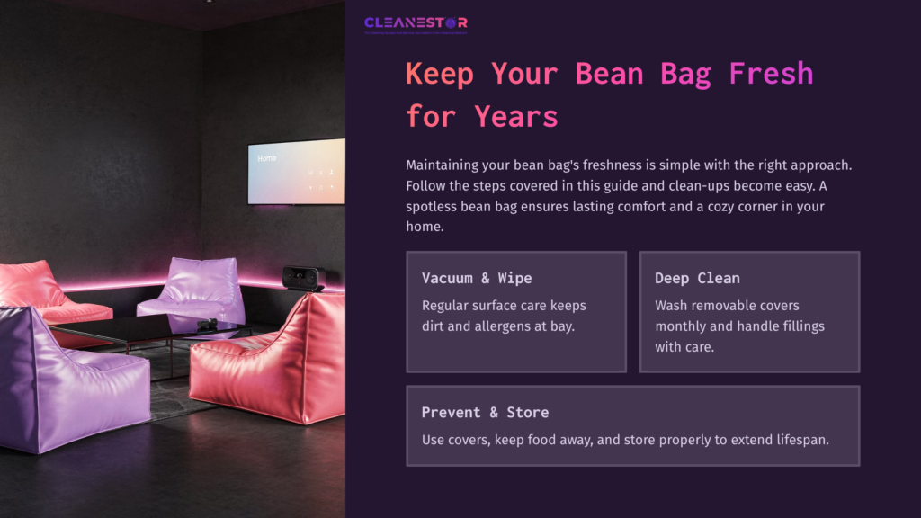 Colorful Bean Bags In Shades Of Pink And Purple Arranged In A Modern, Cozy Space With Guidance On Maintenance Tips For Freshness.
