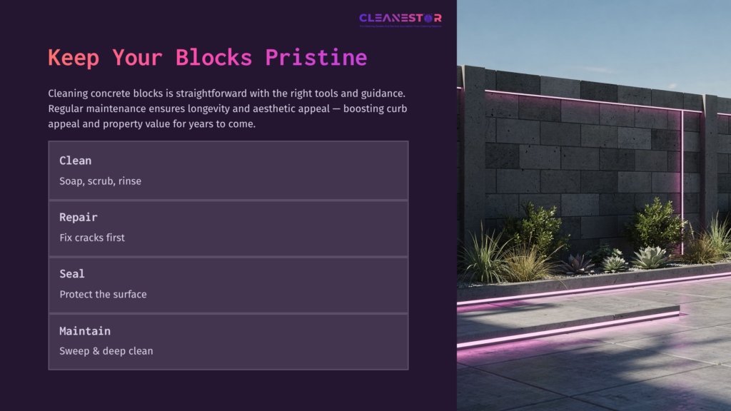 A Modern Concrete Block Wall With Purple Neon Lighting, Accompanied By A Text Section Outlining Steps To Clean And Maintain Concrete Blocks.
