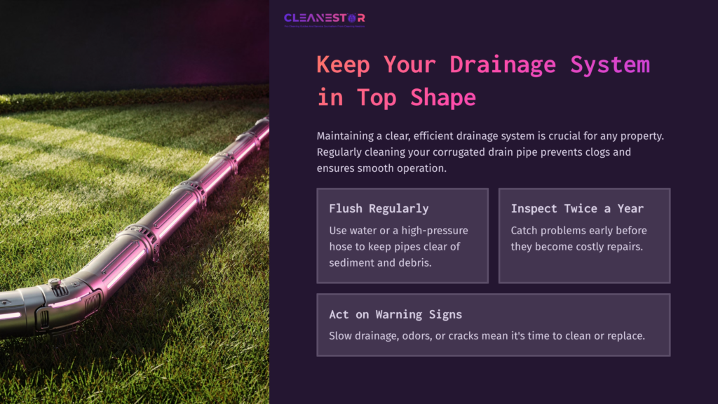 Purple Background With White Text Highlights Drainage System Maintenance Tips Alongside A Shiny Corrugated Drain Pipe On Grass.