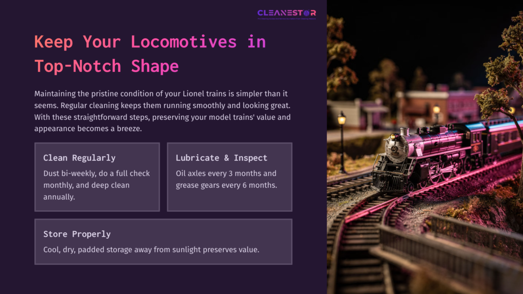 A Vintage Lionel Train On Tracks, Surrounded By Miniature Scenery. Text On The Left Outlines Train Care Tips In A Bold Layout.