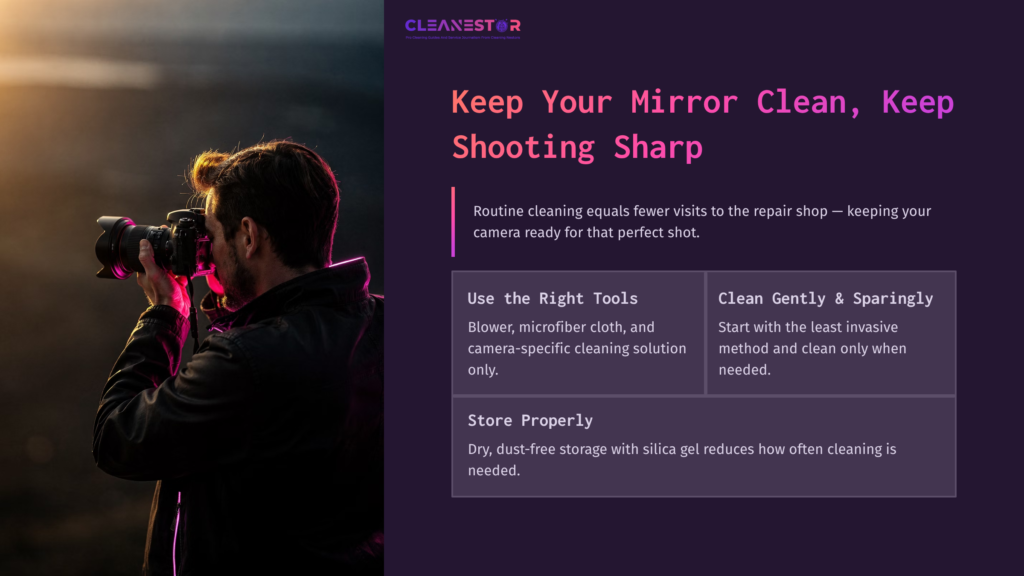 A Photographer Captures A Sunset, Holding A Camera. Text Beside Includes Cleaning Tips: Tools, Gentle Methods, And Storage Advice.