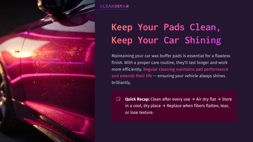 Shiny Pink Car With Droplets, Alongside A Text Block On Cleaning Car Wax Buffer Pads And Maintenance Tips.