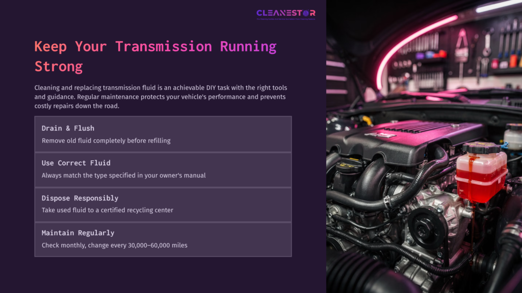 Close-Up Of A Car Engine With Vibrant Purple And Pink Lighting, Alongside Steps For Cleaning Transmission Fluid, Including Drain And Refill Instructions.