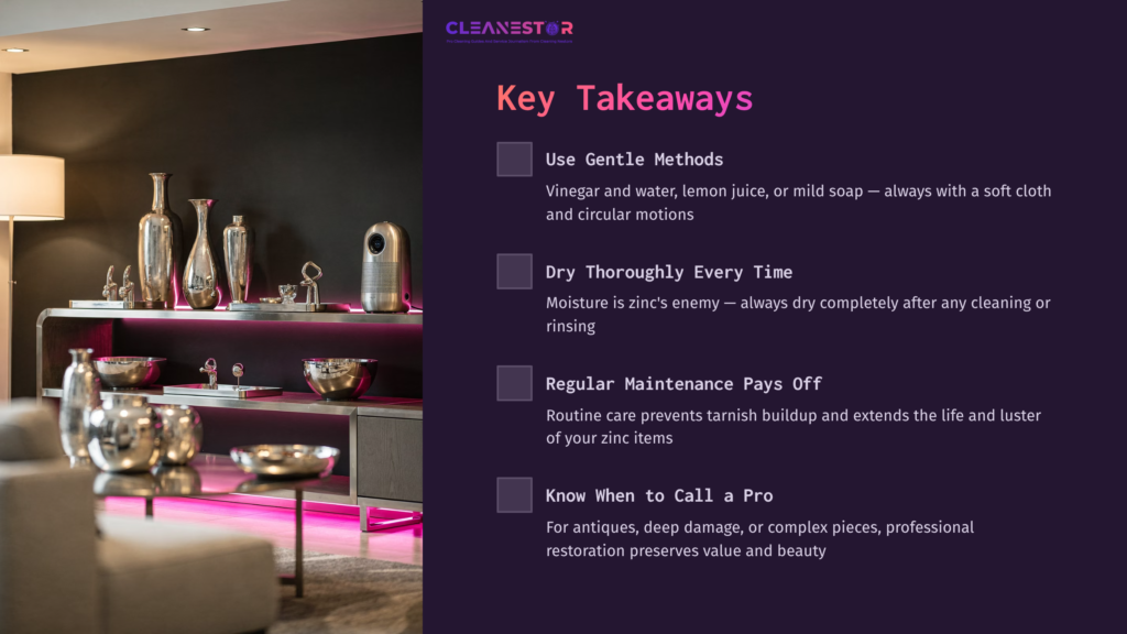 A Modern Interior Featuring Metallic Decor And Soft Lighting, With Key Cleaning Tips For Zinc Surfaces Outlined On The Left.
