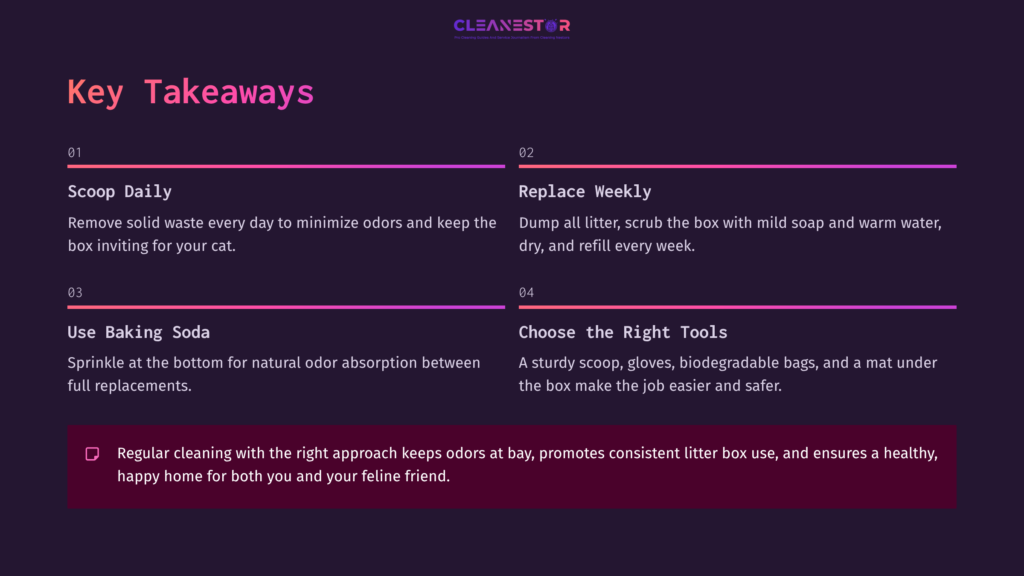 Dark Purple Background With White Text Listing Key Takeaways For Cleaning Non-Clumping Litter, Emphasizing Daily Scooping And Proper Tools.
