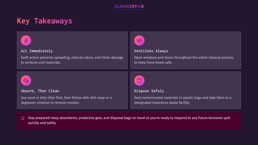 Dark Background With White And Purple Text In Four Boxes Outlining Key Takeaways For Cleaning Spilled Kerosene: Act Quickly, Ventilate, Absorb And Clean, Dispose Safely.