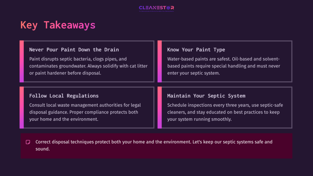 Key Takeaways On Cleaning Paint With A Septic System, Featuring Four Boxed Points In Contrasting Colors: Black, Purple, And Pink Backgrounds.