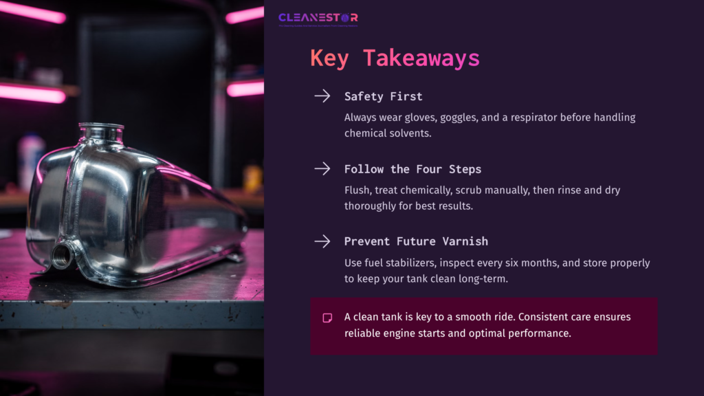 Metal Gas Tank On A Workbench With Safety Tips And A Bold Header, Set Against A Dark Background With Pink Lighting Accents.