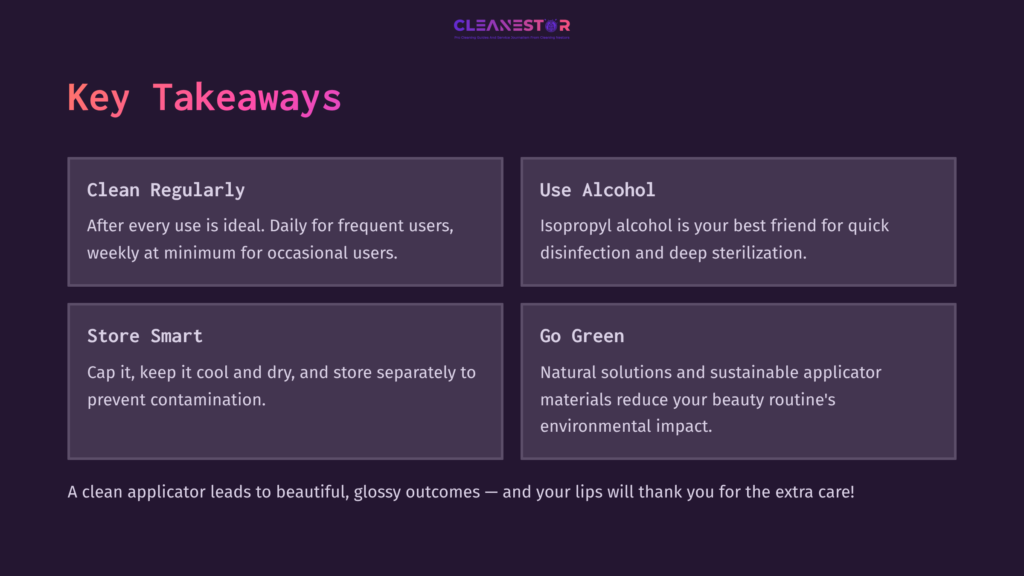 10 Key Takeaways 15 Purple Background With White And Pink Text Detailing Key Tips For Cleaning Lip Gloss Applicators, Emphasizing Cleanliness And Sustainability.