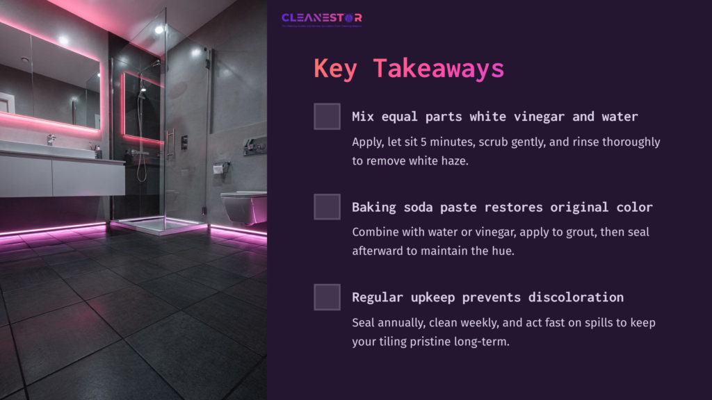 Modern Bathroom With Dark Grout And Pink Led Lighting; Key Cleaning Tips Are Presented In A Clean, Organized Layout.