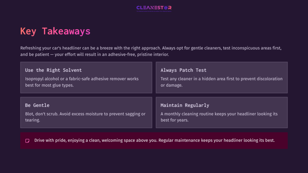 Key Takeaways On Cleaning Headliner Glue, Featuring A Dark Purple Background With White Text Blocks Outlining Tips And Advice.