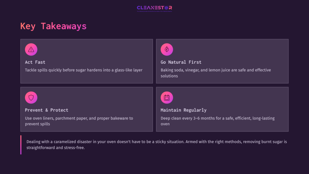 Four Vibrant Square Boxes With Pink Icons On A Dark Purple Background List Key Takeaways For Cleaning Burnt Sugar From The Oven.