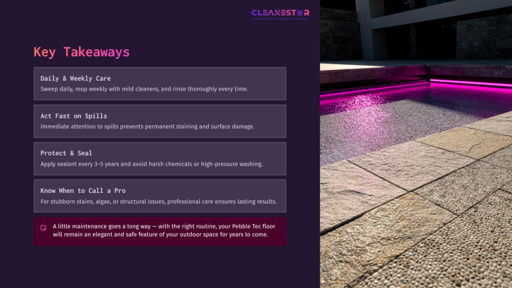 A Pebble Tec Floor Beside A Pool, Showcasing Beige Pebbles And A Purple-Lit Edge, With Cleaning Tips On A Dark Purple Background.