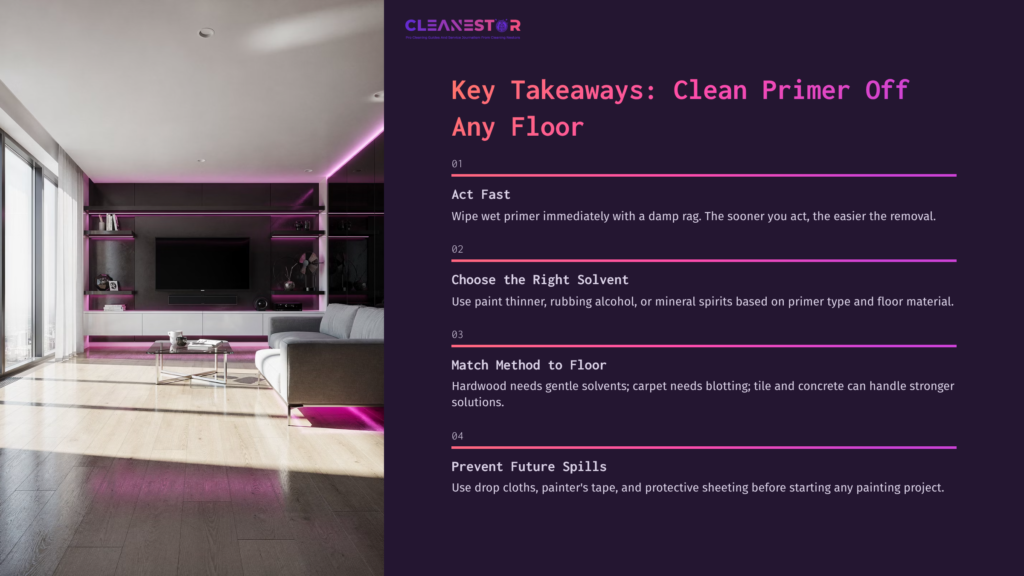 A Modern Room With Pink Lighting Features A Clean Floor And A Guide Outlining Tips To Clean Primer Off Various Surfaces.