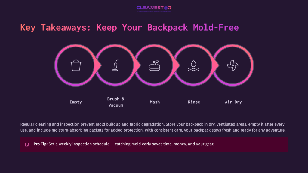 Five Icons Representing Backpack Care: Emptying, Brushing, Washing, Rinsing, And Air Drying, With A Dark Background And Explanatory Text Below.