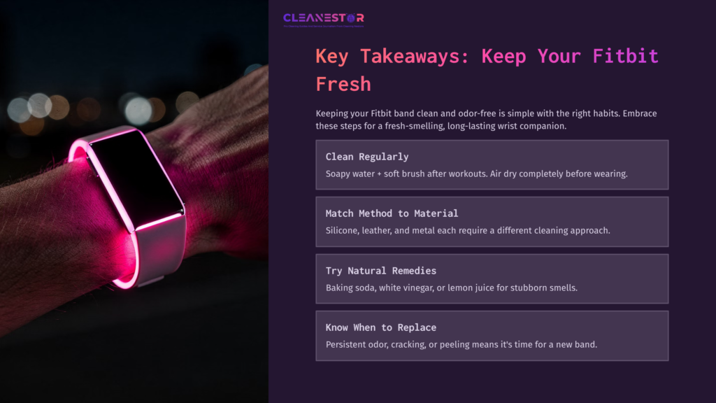 A Person Wearing A Pink Fitbit Band On Their Wrist, Next To A List Of Tips For Cleaning And Maintaining Freshness.