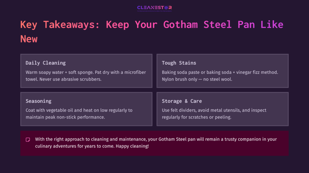 10 Key Takeaways Keep Your Gotham Steel Pan Like New Text On A Dark Purple Background Outlines Key Takeaways For Cleaning A Gotham Steel Pan, Including Tips On Daily Cleaning, Tackling Tough Stains, Seasoning, And Care.