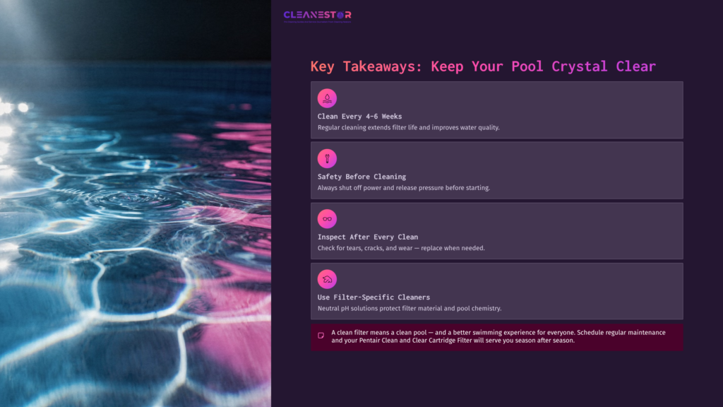 Relaxing Swimming Pool Scene With Clear Water Reflecting Light, Accompanied By A Purple Overlay Featuring Cleaning Tips For Pentair Filters.
