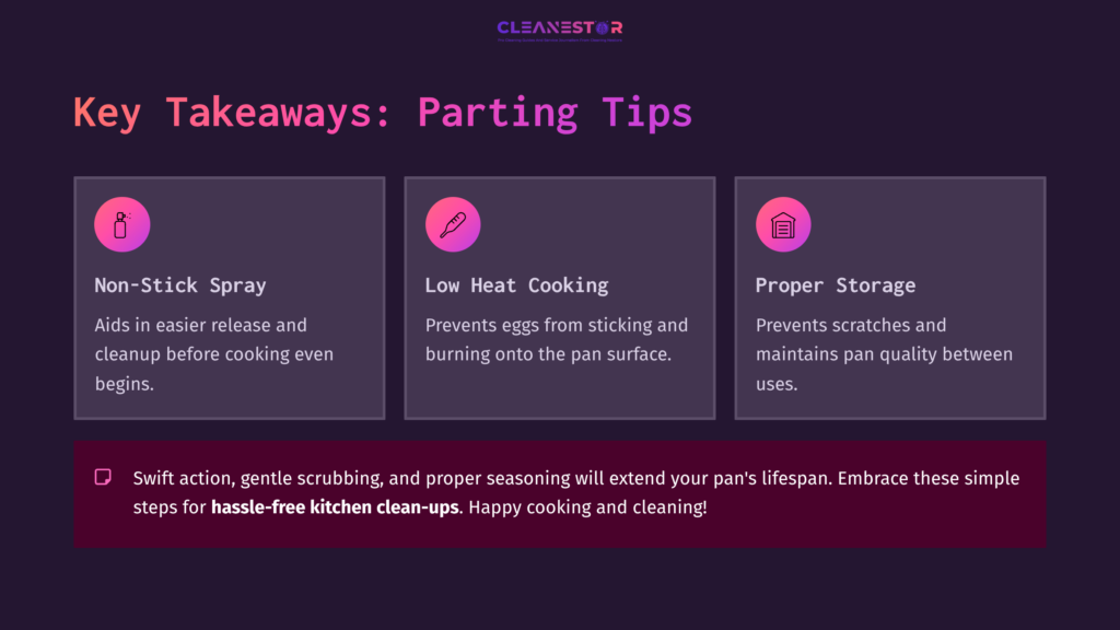 Three Key Takeaways In Pink Boxes: Non-Stick Spray, Low Heat Cooking, And Proper Storage, With A Dark Purple Background And Tips For Pan Care.