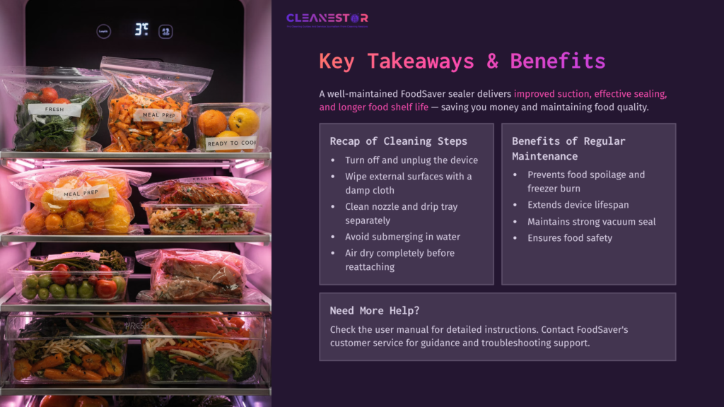 Colorful Vacuum-Sealed Food Bags Organized In A Foodsaver System, With Tips On Cleaning And Maintenance Displayed On The Right.