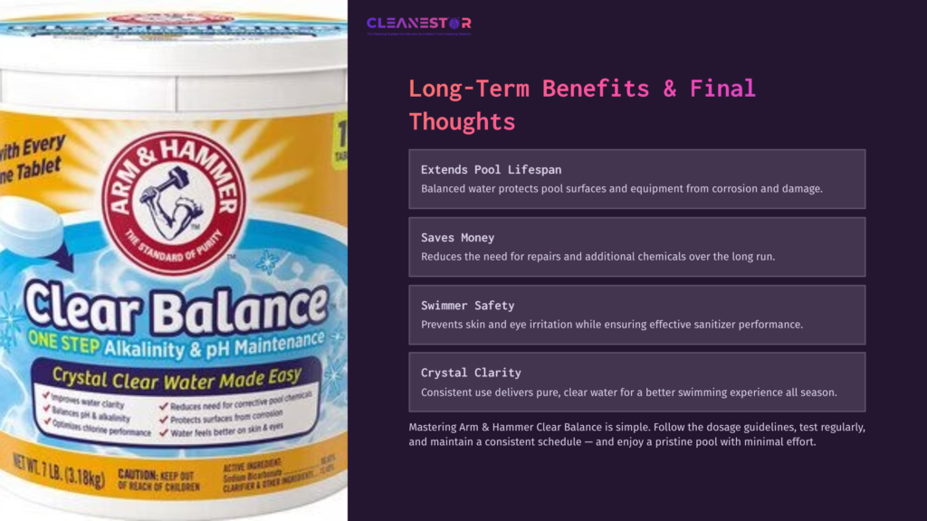 Arm &Amp; Hammer Clear Balance Container With Colorful Branding, Featuring Product Details About Pool Maintenance And Benefits.