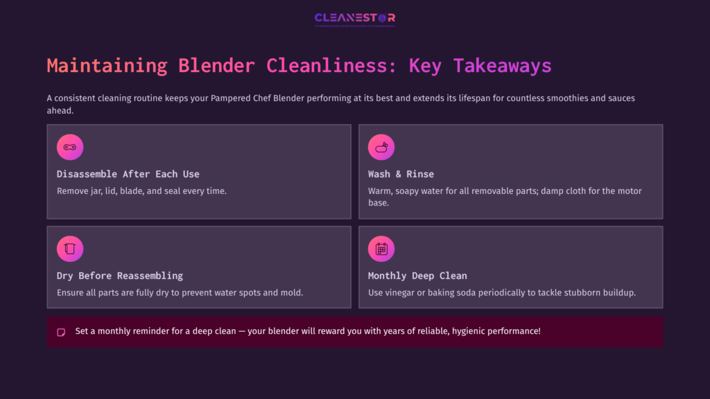 Clean And Organized Infographic With Tips For Maintaining A Pampered Chef Blender, Featuring Sections On Disassembly, Washing, Drying, And Deep Cleaning.