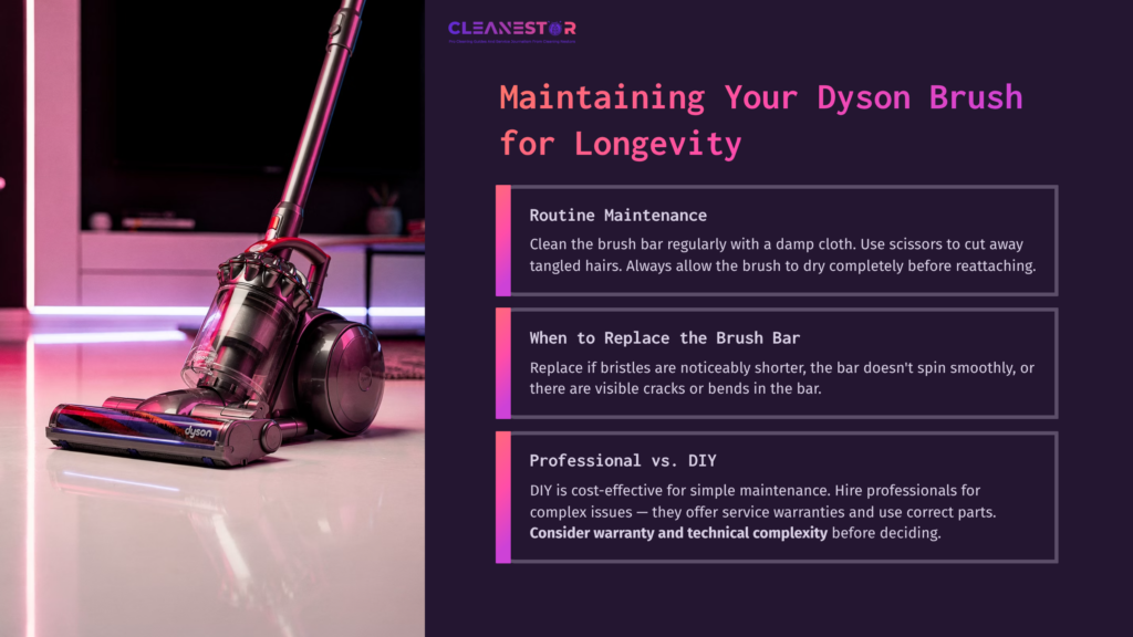 Dyson Vacuum Cleaner With A Brightly Colored Brush On A Polished Surface, Accompanied By Maintenance Tips In A Modern Layout.