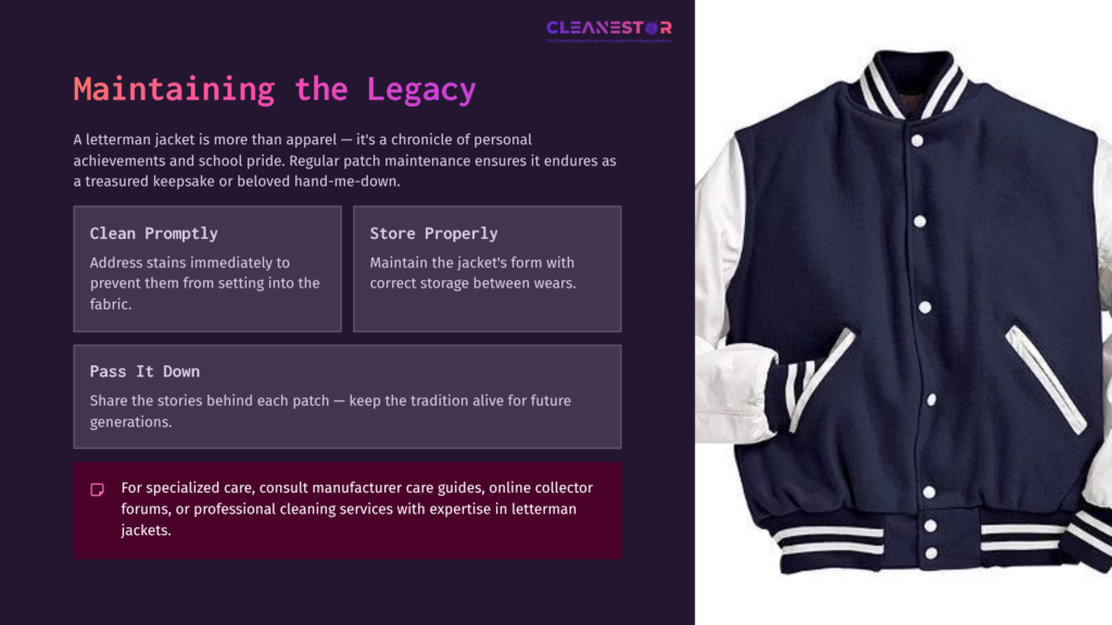 Dark Blue And White Letterman Jacket Displayed Against A Purple Background, With Text Boxes About Cleaning And Care Tips.