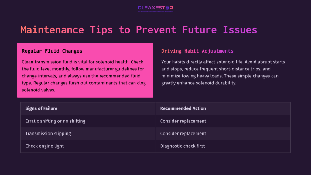 10 Maintenance Tips To Prevent Future Issues Graphic Featuring Maintenance Tips For Solenoid Health, With Highlighted Text On Fluid Changes And A Table Outlining Failure Signs And Actions.