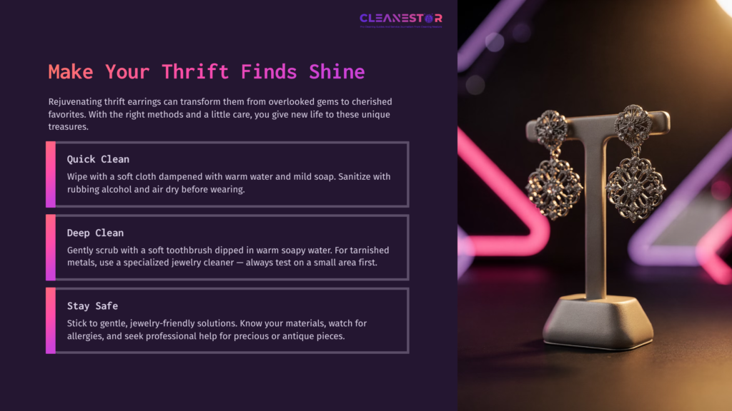 10 Make Your Thrift Finds Shine Two Ornate Thrift Earrings Displayed Elegantly On A Stand Against A Gradient Background Of Purple And Pink, With Cleaning Tips Outlined Beside.